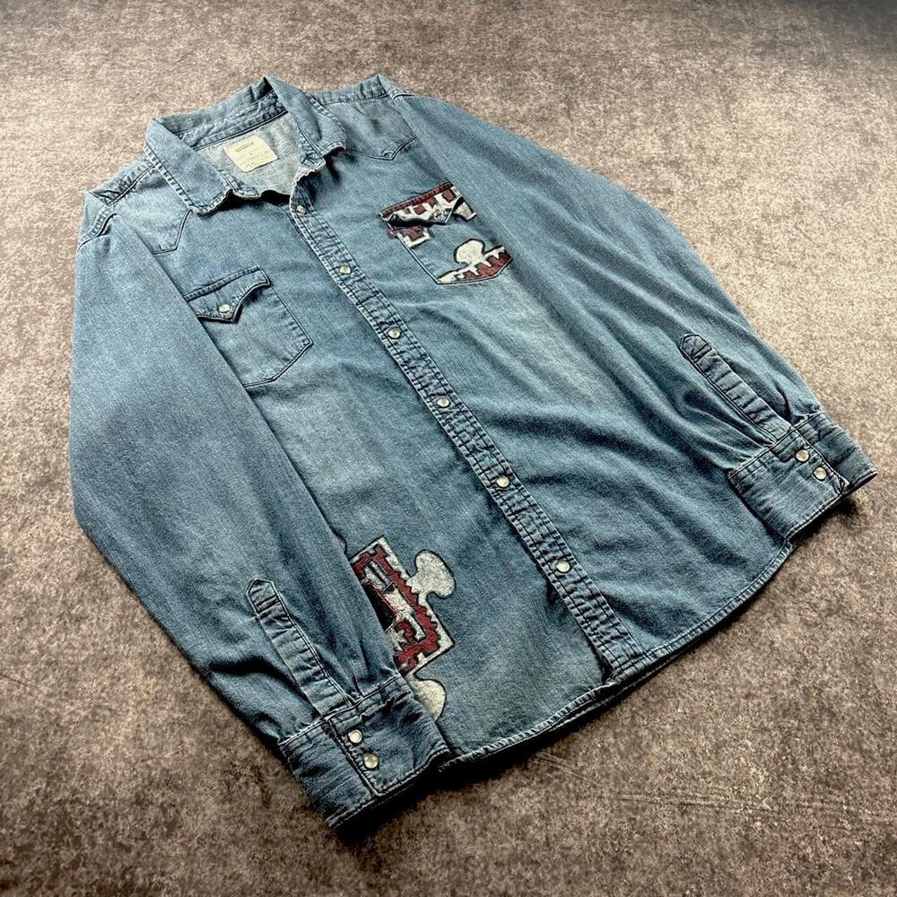 Levi’s Vintage Denim Button Up Shirt Blue Aztec Puzzle Western XL